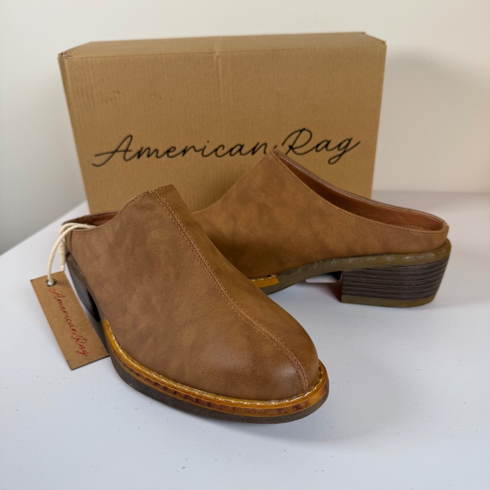 NEW‎ American Rag Segovia Mules Size 7 Brown Faux Leather Slip On Block Heel NWB